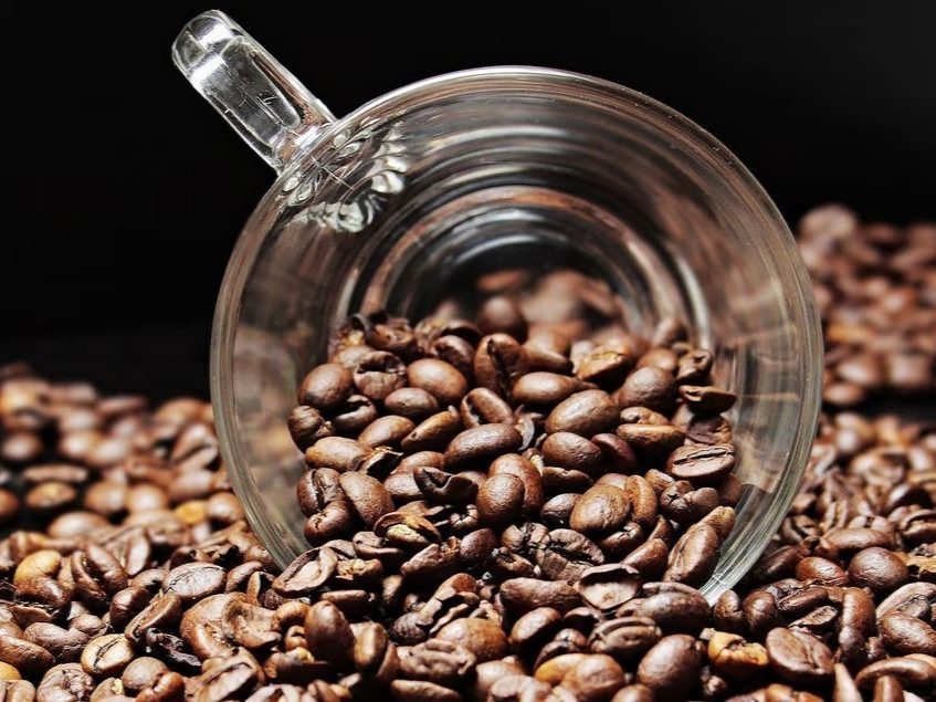 Grains de café torréfiés renversés d'une tasse en verre