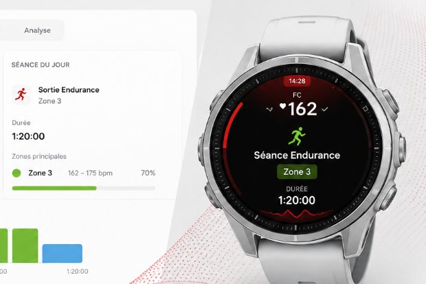 Montre connectée affichant une séance en zone 3 à 162 bpm, devant un plan d'entraînement